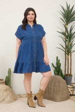Curvy Dark Chambray Collared Button Down Shirt Dress