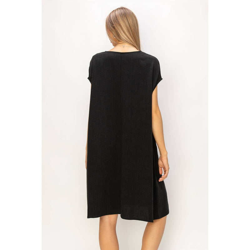 V-Neck Oversized Linen Midi Dress | Black