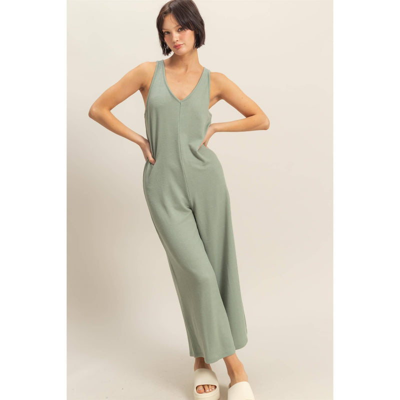 V-Neck Sleeveless Wide Leg Jumpsuit | Light Sage