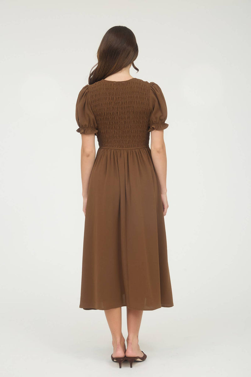 V-Neck Front Tie Smocked Puff Sleeve Midi Dress | Brown