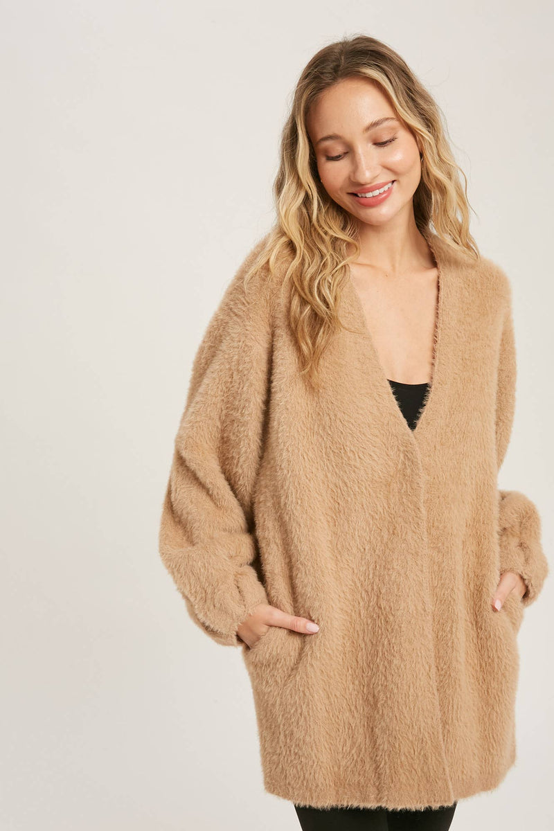 Fuzzy Knit Balloon Sleeve Jacket | Dusty Pink