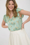 Floral Print V-Neck Scallop Satin Blouse | Dusty Mint