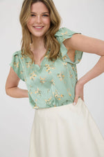 Floral Print V-Neck Scallop Satin Blouse | Dusty Mint