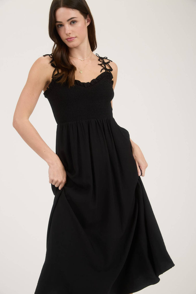 Sweetheart Smocked Bow Strap Midi Dress | Black