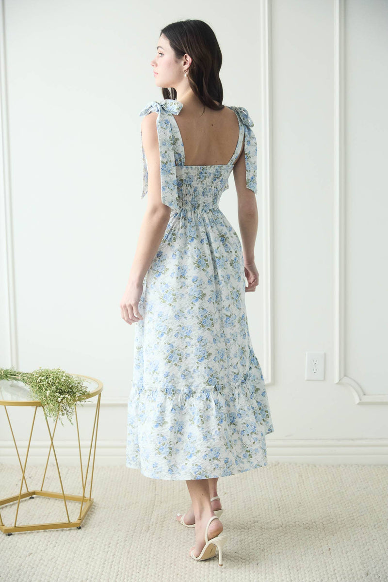 Floral Tie Strap Ruched Detail Maxi Dress | Blue