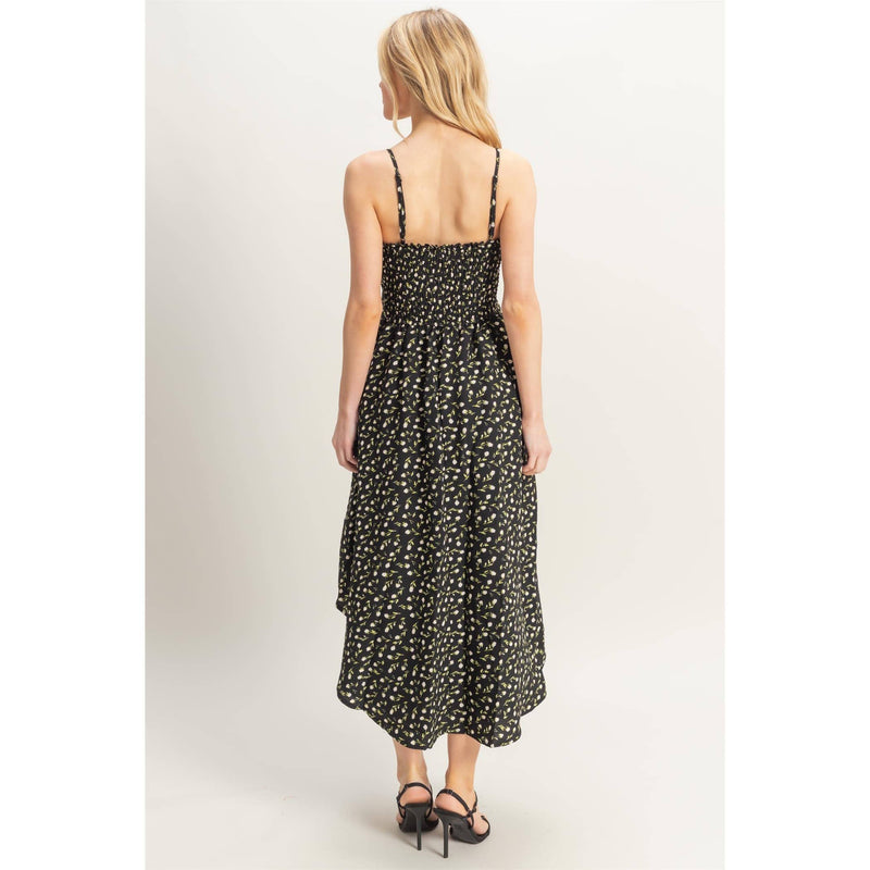 Ditsy Floral Print Sleeveless Midi Dress | Black