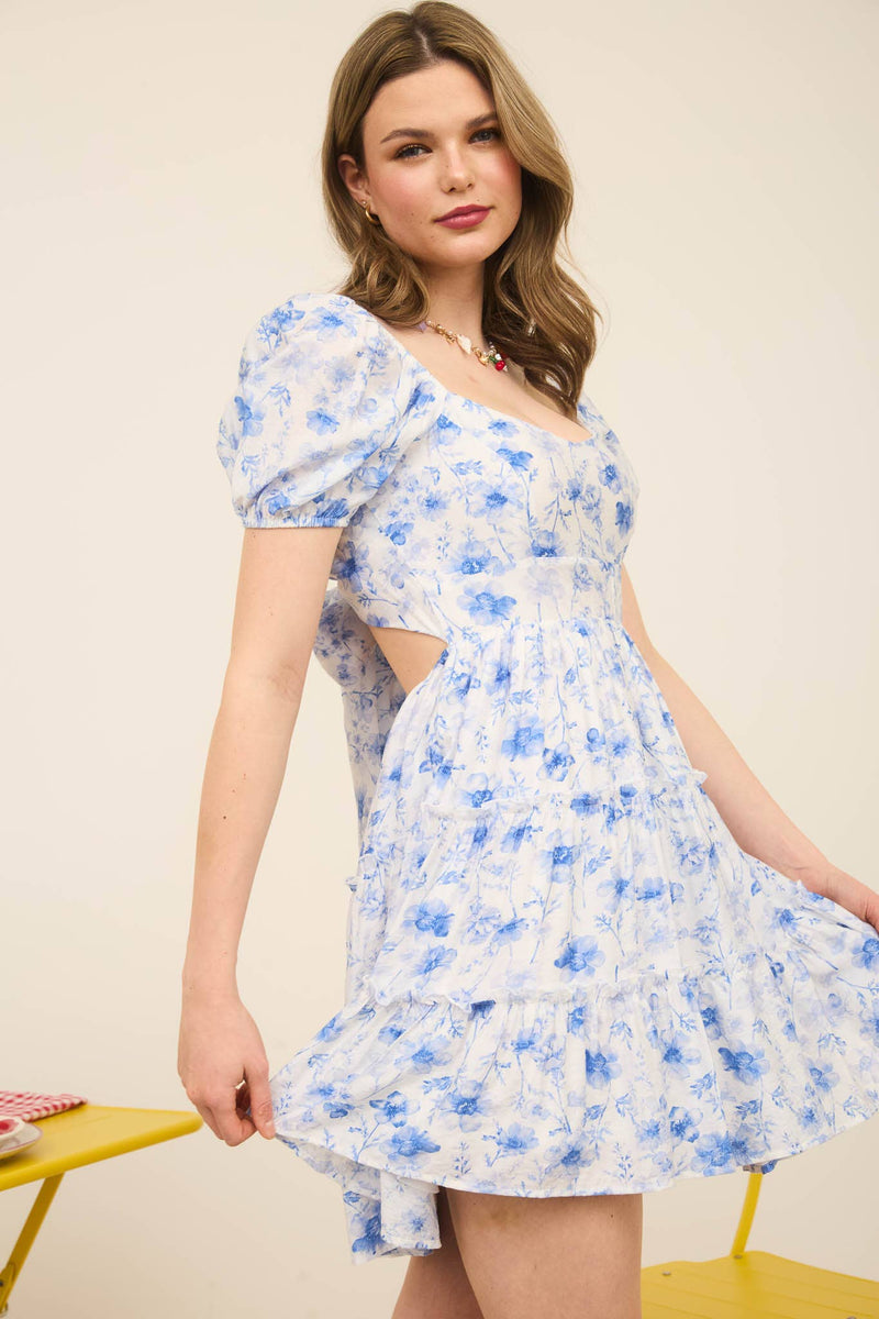 Floral Open Back Mini Dress | Blue