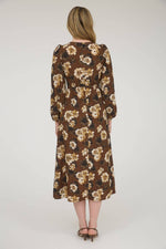 Fall Floral V-Neck Long Sleeve Button Midi Dress | Brown
