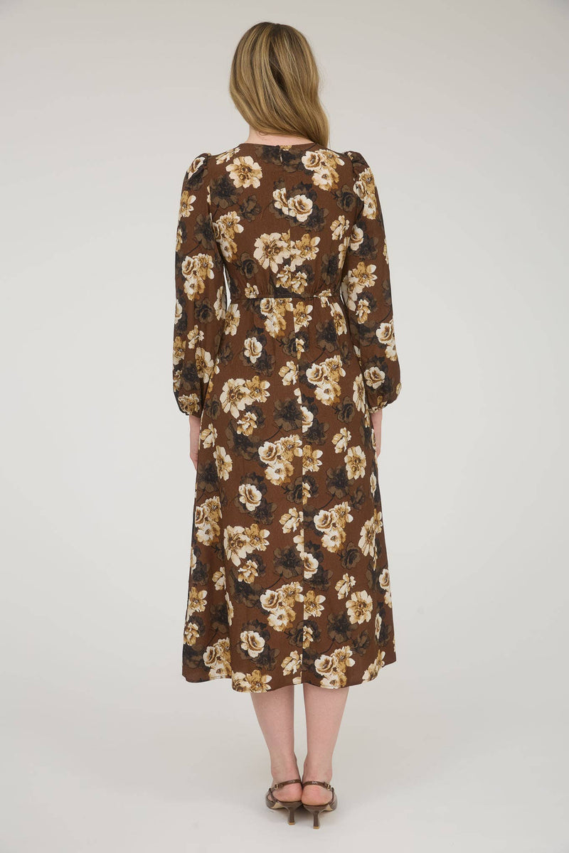 Fall Floral V-Neck Long Sleeve Button Midi Dress | Brown