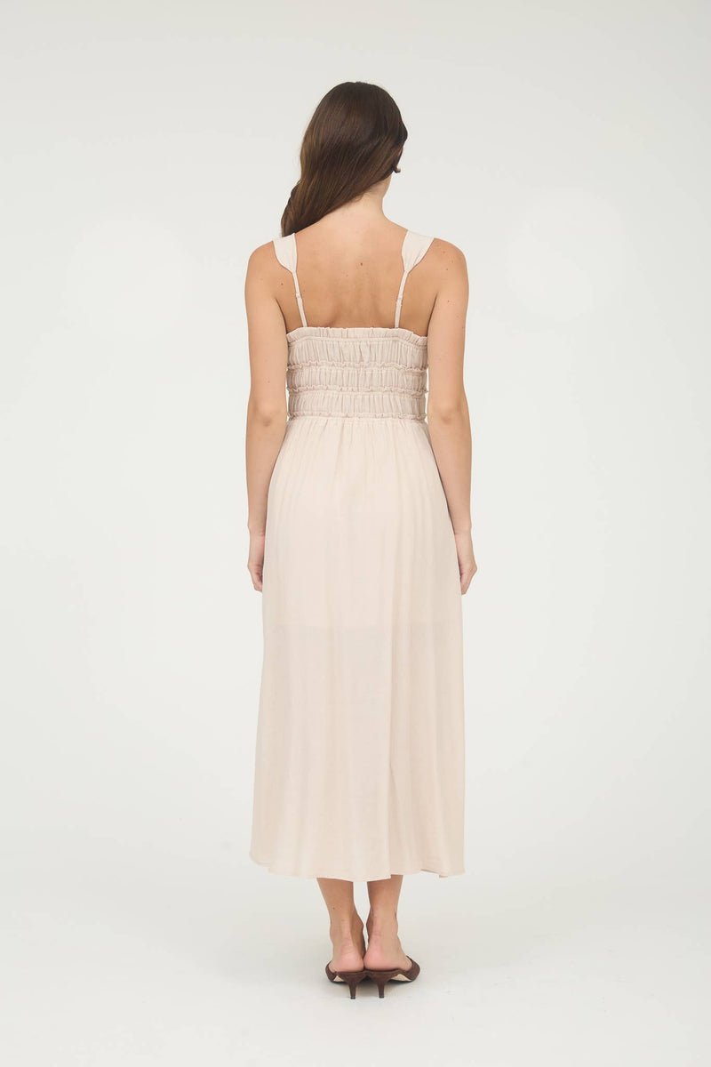 Shirred Front Tie Detail Midi Dress | Khaki