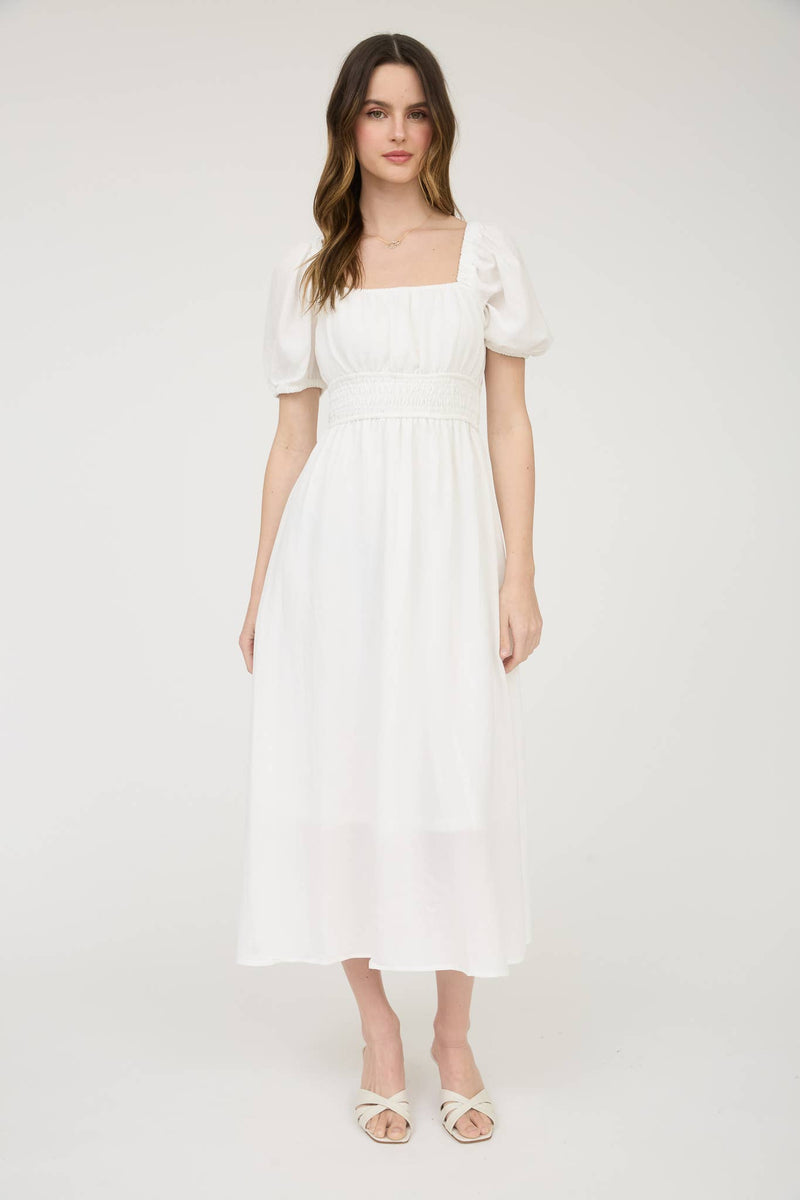 Solid Smocked Waist Balloon Sleeve Midi Dress | Off-White
