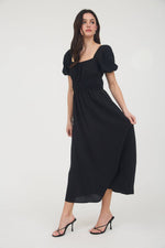 Solid Smocked Waist Balloon Sleeve Midi Dress | Black