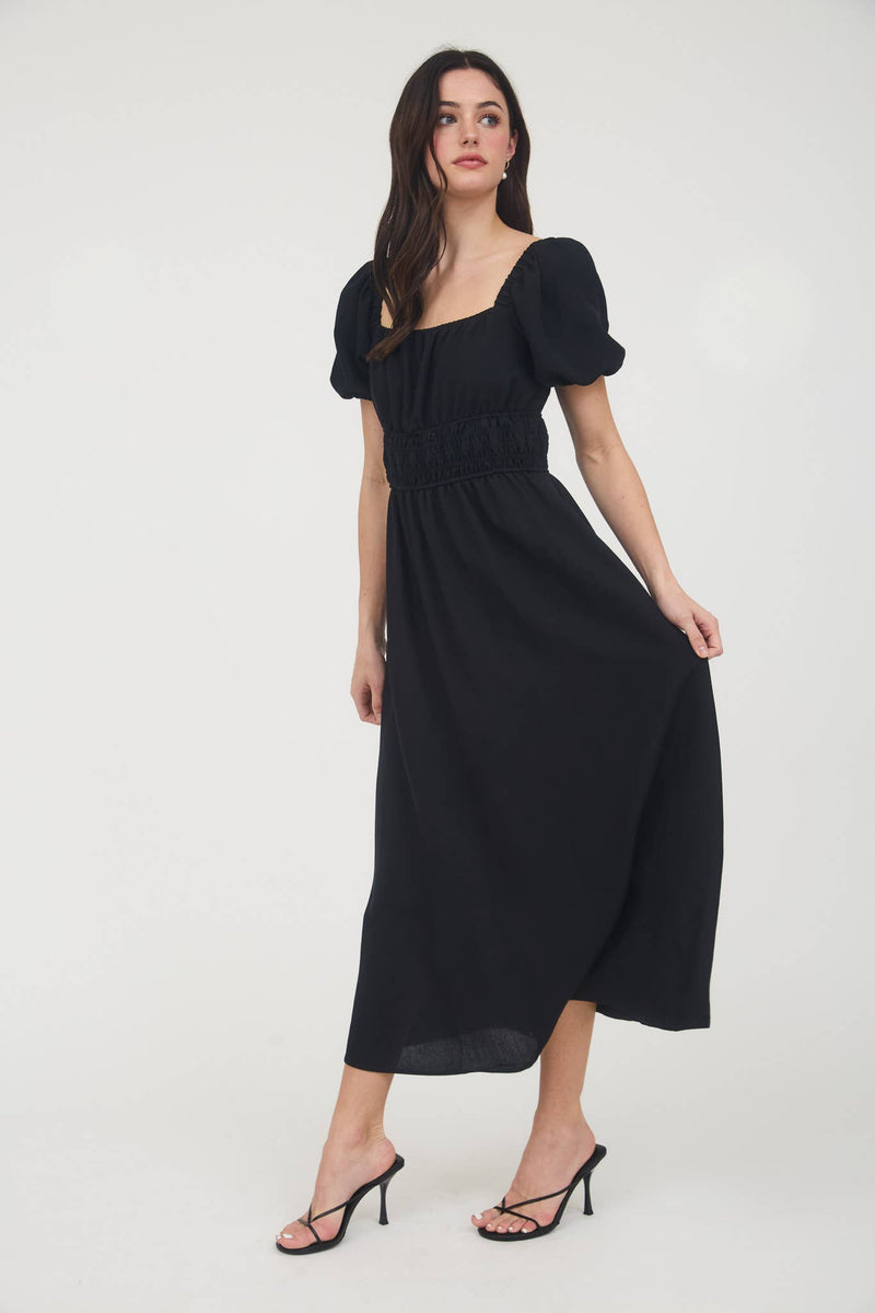 Solid Smocked Waist Balloon Sleeve Midi Dress | Black