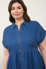 Curvy Dark Chambray Collared Button Down Shirt Dress