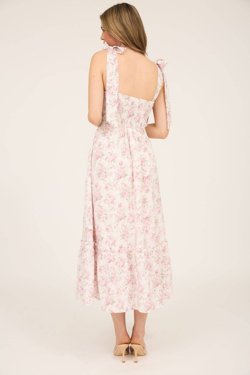 Floral Tie Strap Ruched Detail Maxi Dress | Pink