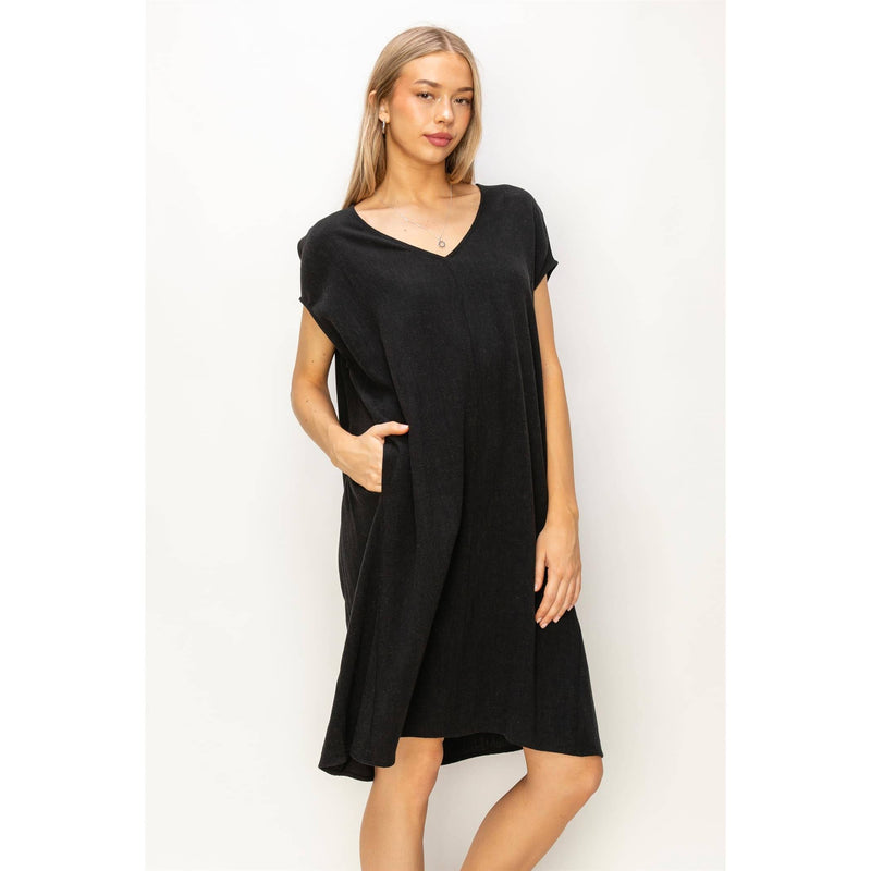 V-Neck Oversized Linen Midi Dress | Black