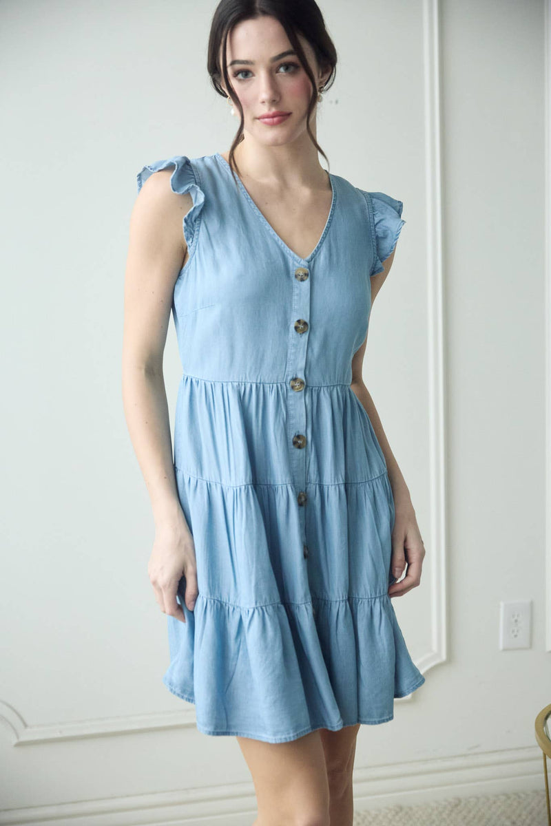 The Sara Chambray Button Down Tiered Mini Dress