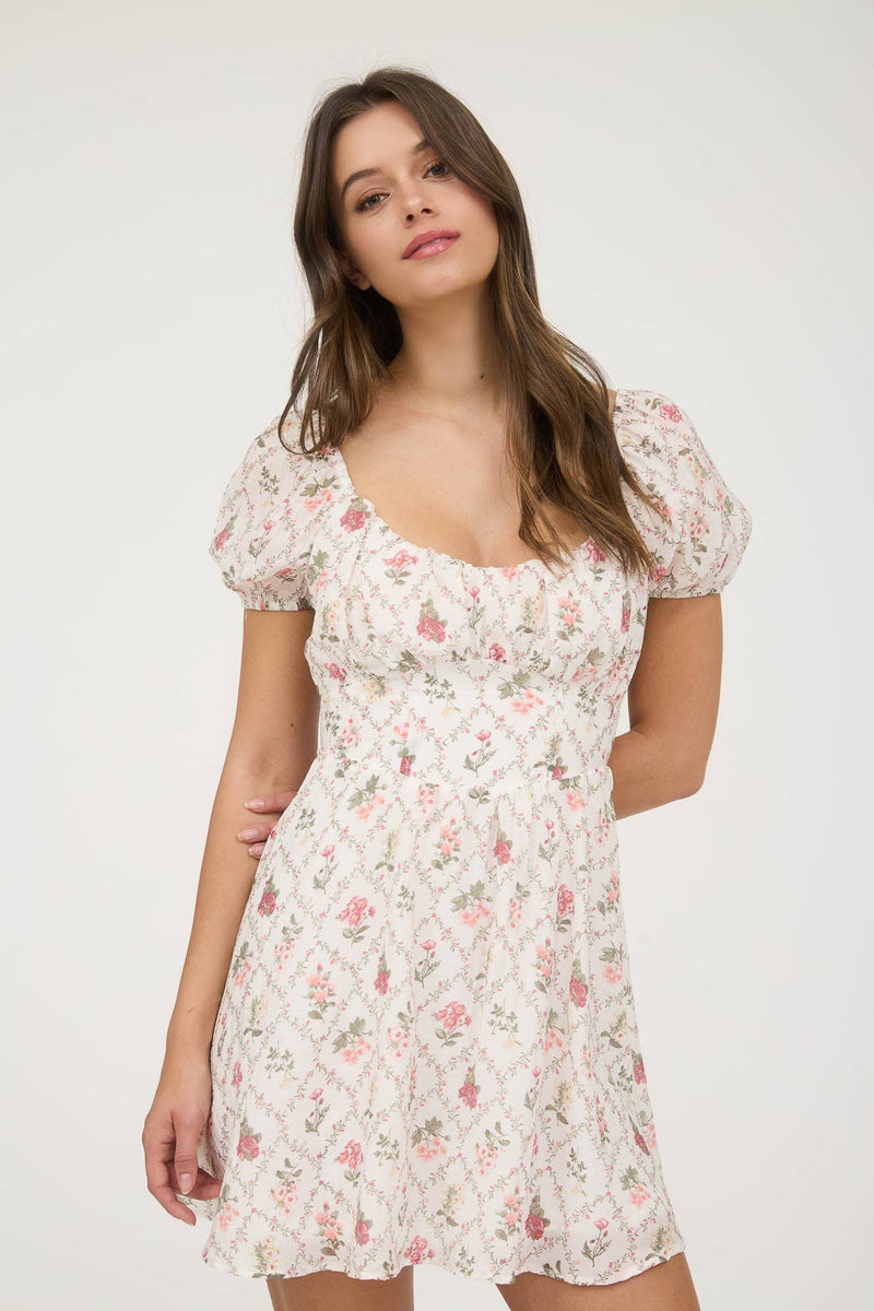 Floral Corset Detail Back Mini Dress | White