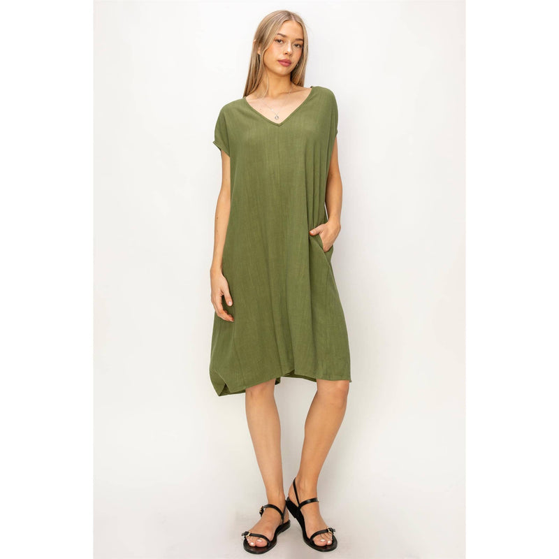 V-Neck Oversized Linen Midi Dress | Moss