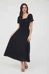 Solid Smocked Waist Balloon Sleeve Midi Dress | Black