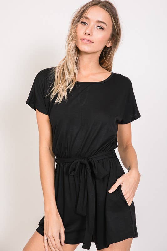 Curvy Solid Romper With Waist Belt | Black