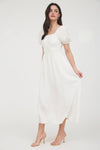 Solid Smocked Waist Balloon Sleeve Midi Dress | Off-White