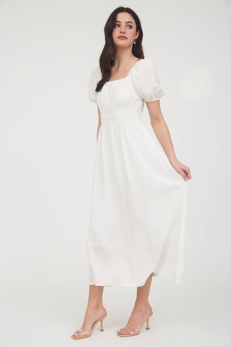 Solid Smocked Waist Balloon Sleeve Midi Dress | Off-White