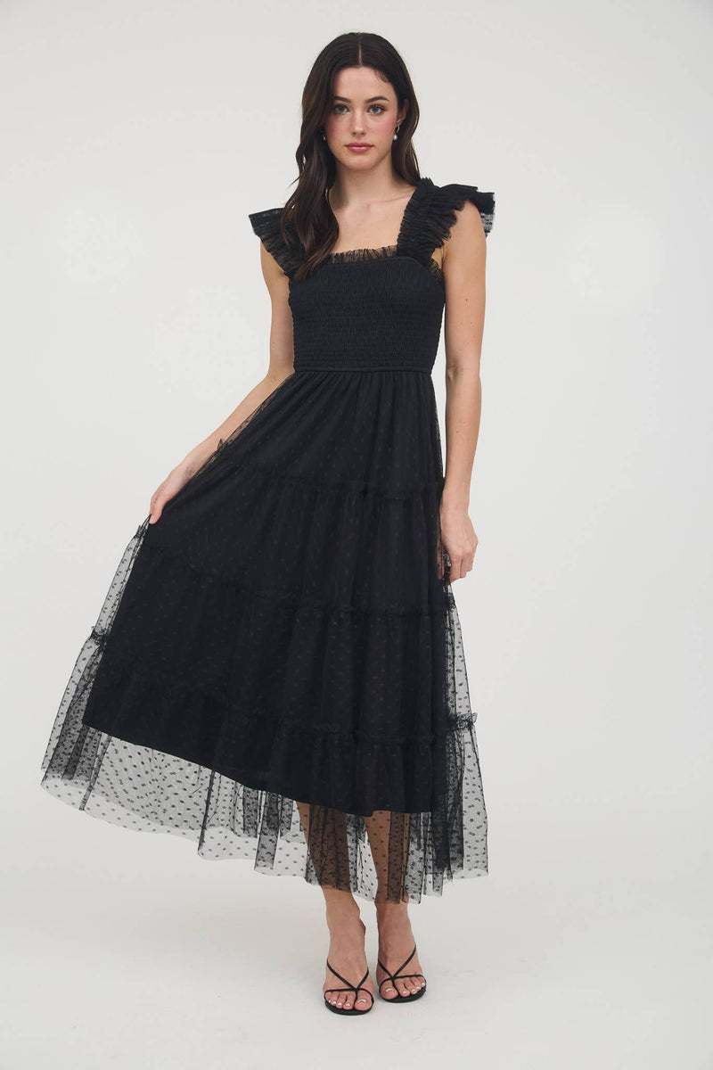 Garden Party Polka Dot Chiffon Tiered Midi Dress | Black
