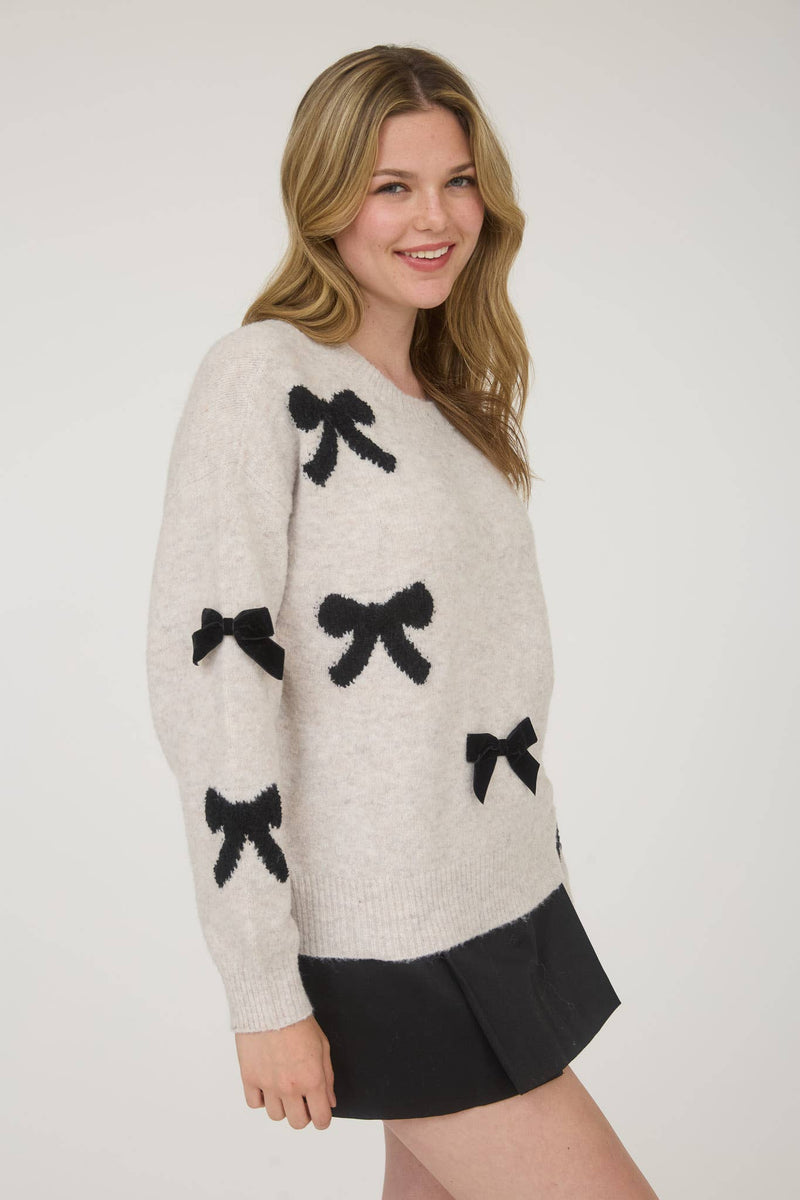 Bow Pattern Long Sleeve Knit Sweater
