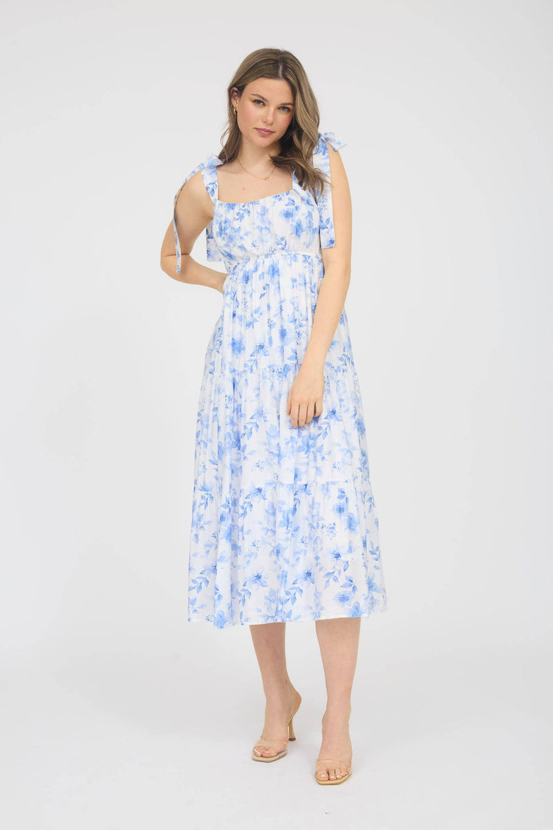 The Lindsay Floral Tie Strap Tiered Midi Dress | Blue