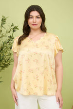 Curvy Floral Print V-Neck Scallop Satin Blouse | Yellow