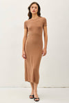 Ribbed Knit Short Sleeve Midi T-Shirt Dress | Toffee Brown