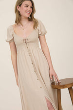 Smocked Front Tie Button Down Midi Dress | Khaki