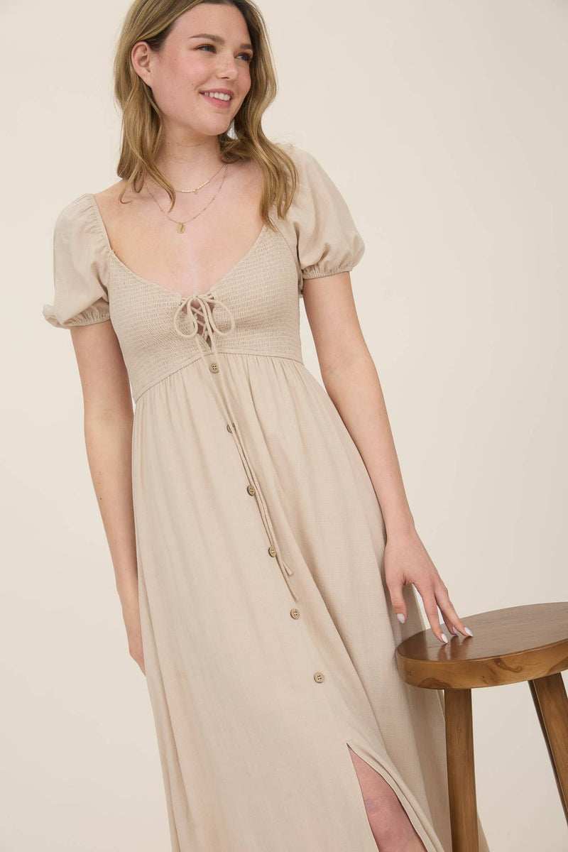 Smocked Front Tie Button Down Midi Dress | Khaki