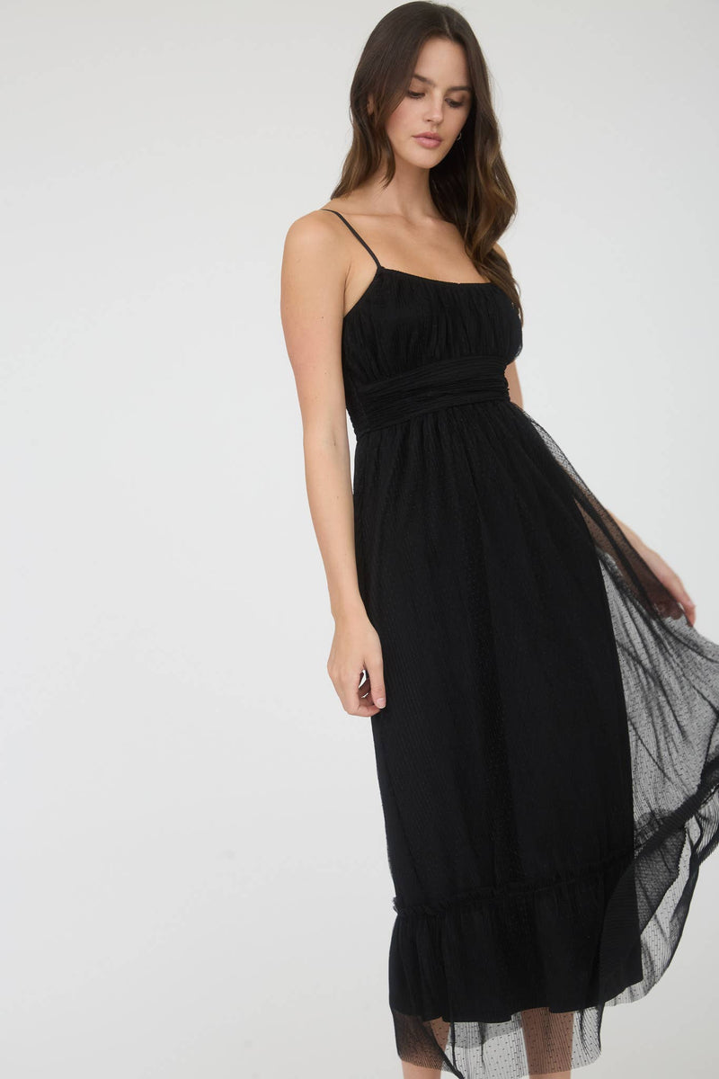 Polka Dot Tulle Spaghetti Strap Midi Dress | Black