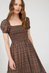 Plaid Smocked Puff Sleeve Ruffle Hem Midi Dress | Brown