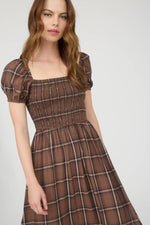 Plaid Smocked Puff Sleeve Ruffle Hem Midi Dress | Brown