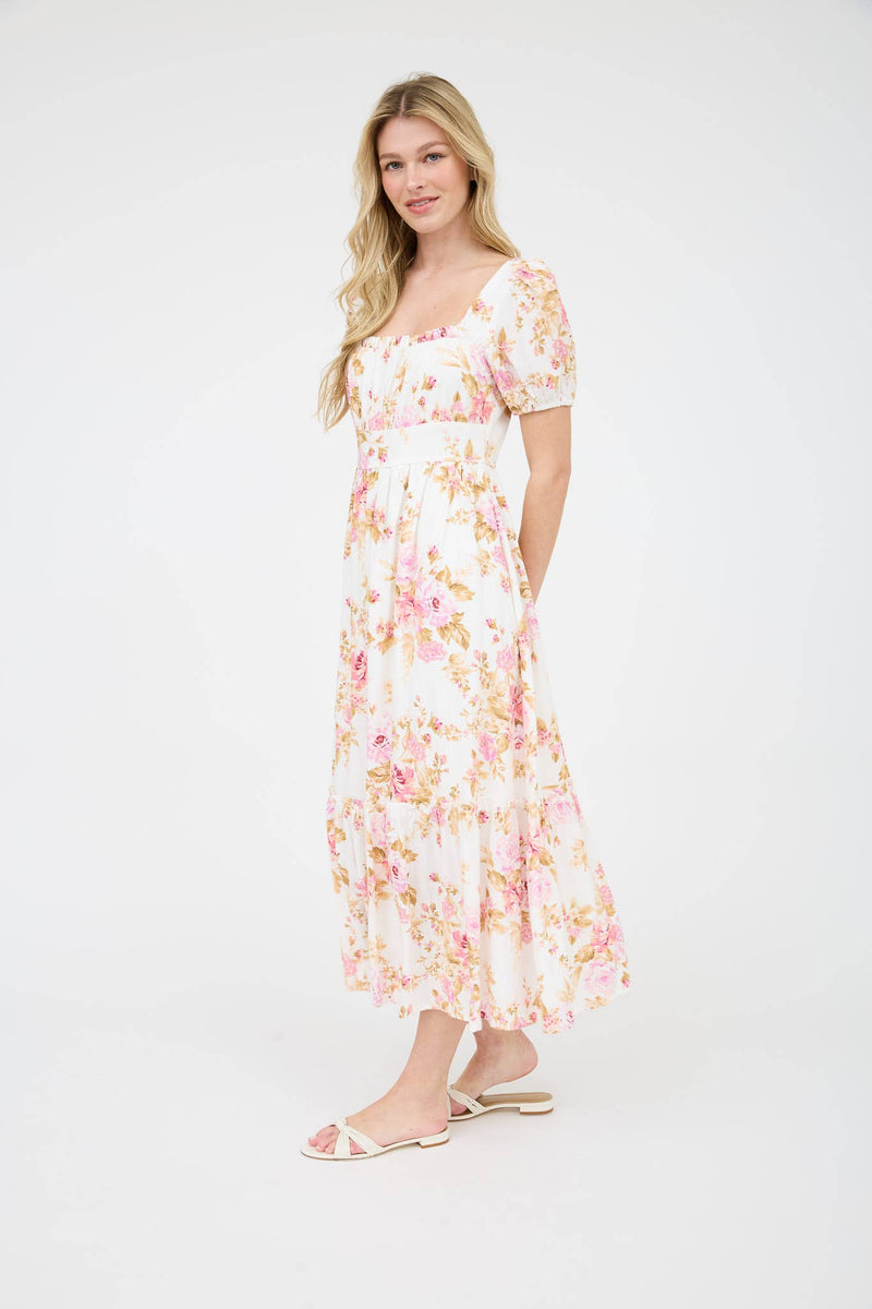 Floral Print Puff Sleeve Midi | Pink