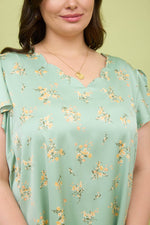 Curvy Floral Print V-Neck Scallop Satin Blouse | Dusty Mint