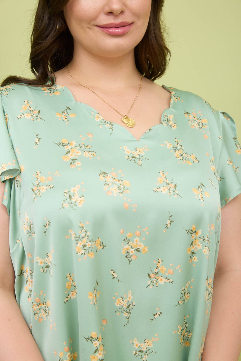 Curvy Floral Print V-Neck Scallop Satin Blouse | Dusty Mint