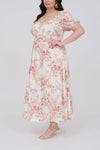 Curvy Floral Print Puff Sleeve Midi | Pink