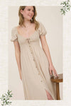 Smocked Front Tie Button Down Midi Dress | Khaki