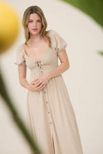 Smocked Front Tie Button Down Midi Dress | Khaki