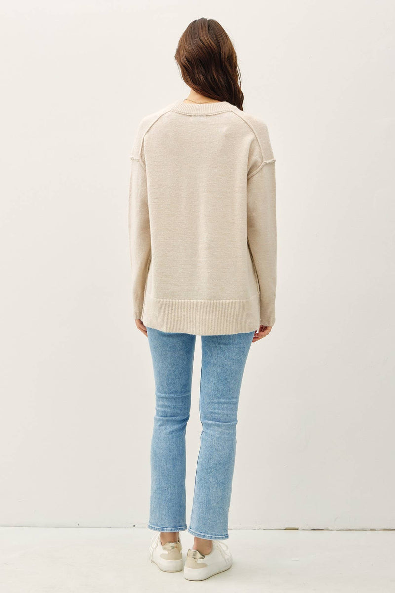 Oversized V-Neck Sweater With Raw Seam | Natural