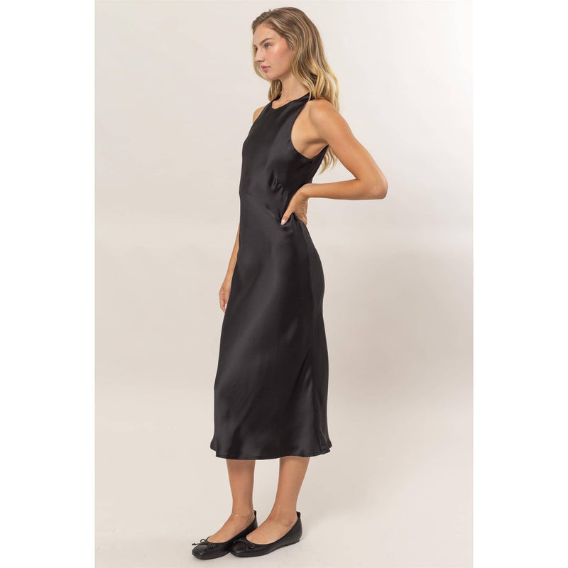 Satin Sleeveless Midi Dress | Black