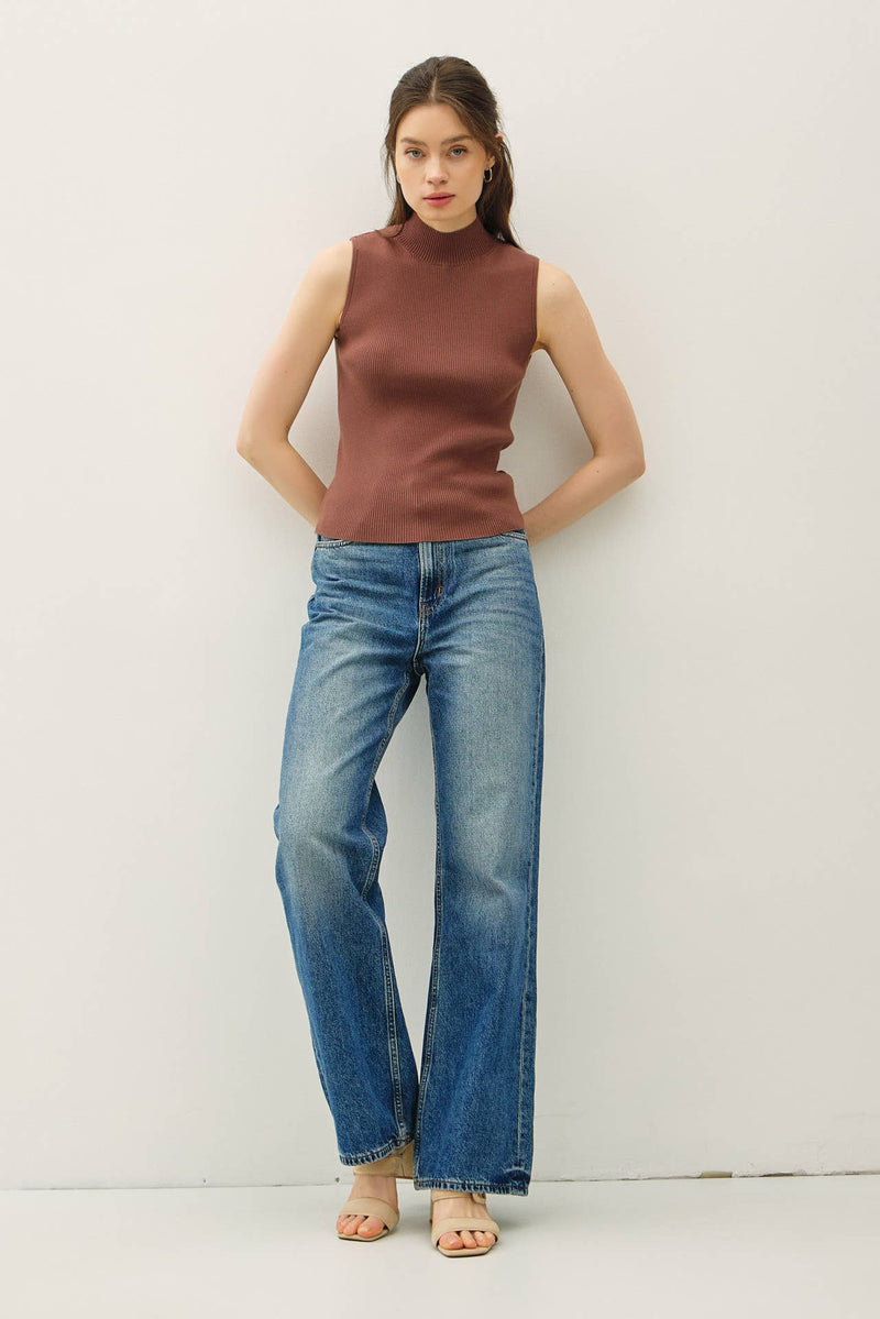Ribbed Turtleneck Sleeveless Sweater Top | Cocoa