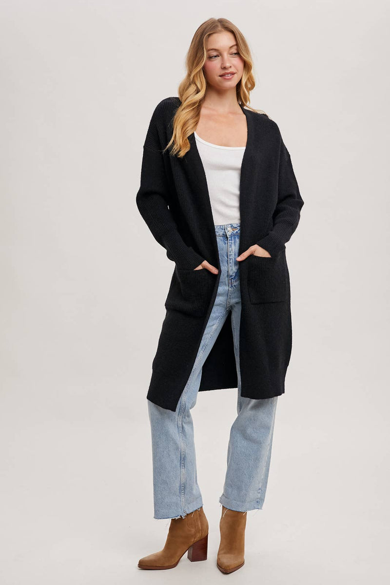 Ribbed Open Front Cardigan | Black
