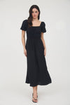 Solid Smocked Waist Balloon Sleeve Midi Dress | Black