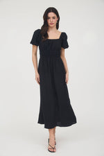 Solid Smocked Waist Balloon Sleeve Midi Dress | Black