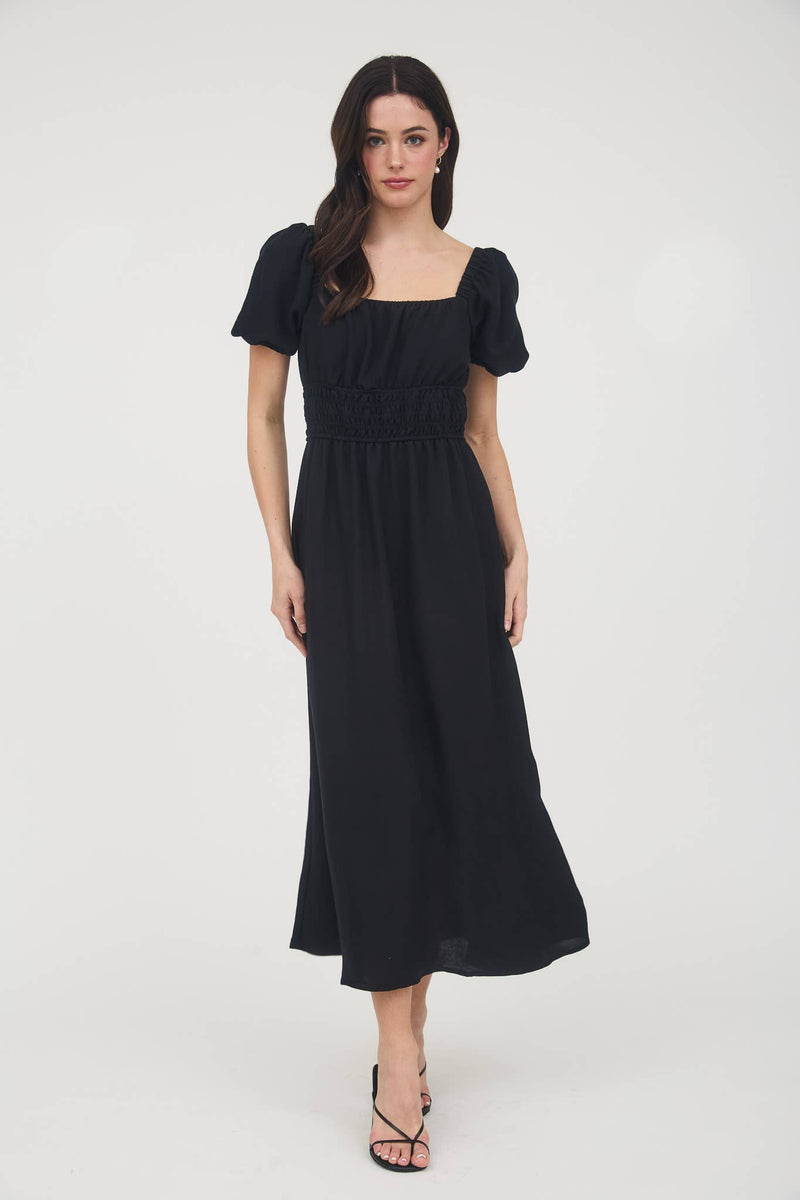 Solid Smocked Waist Balloon Sleeve Midi Dress | Black